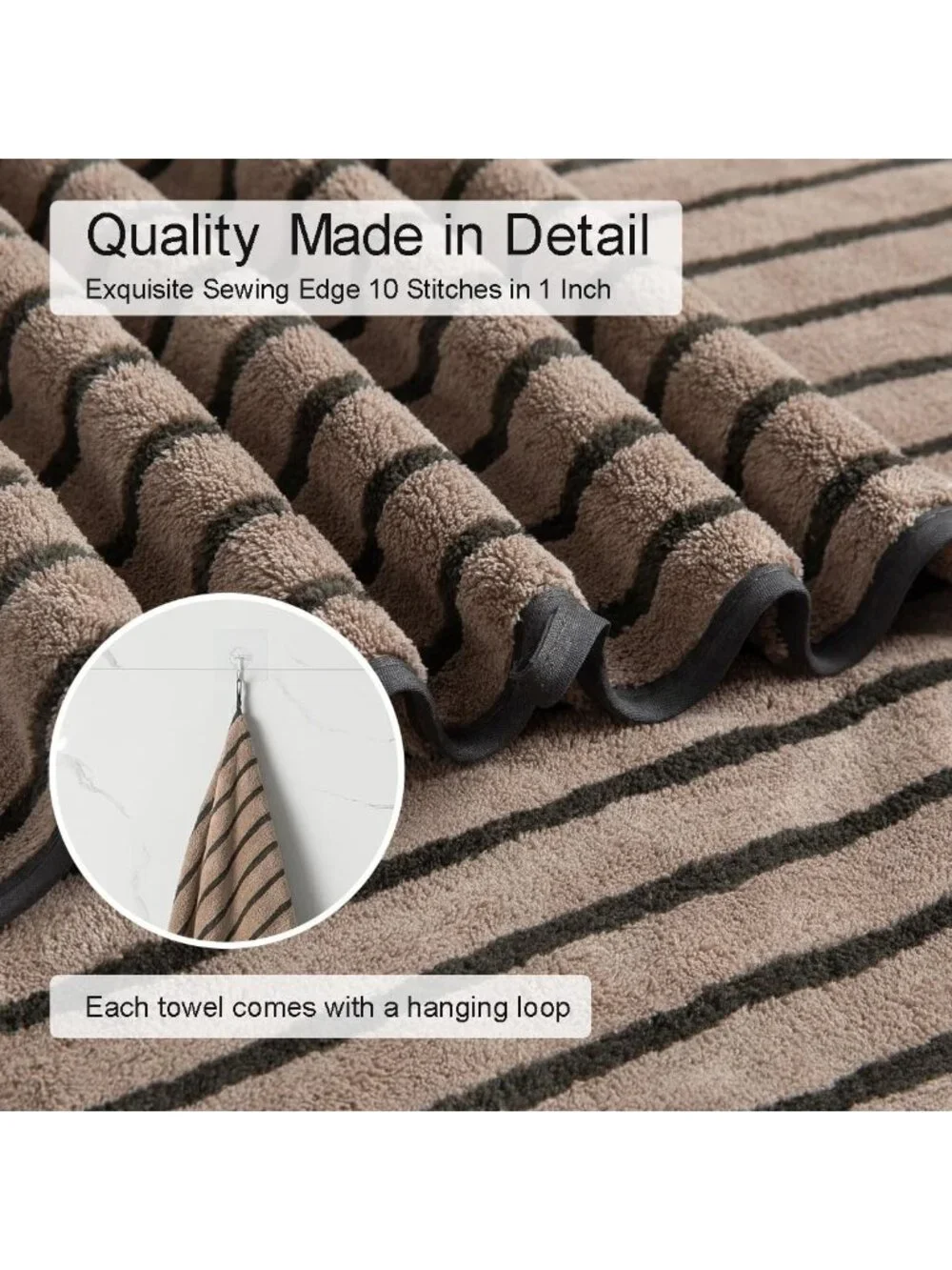 8-Piece Brown Stripe Bath Towel Set - Soft, Quick-Dry Towels for Spa, Gym